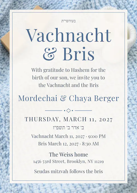 Baby Blue — vachnacht invitation in English, photo backdrop, navy