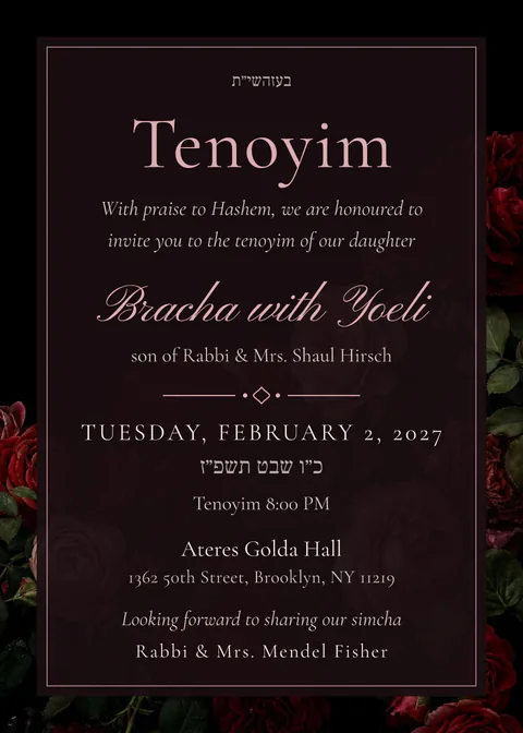 Roses on Black — tenoyim invitation in English, photo backdrop, blush