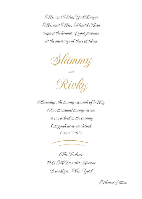 Calligraphy — chasunah invitation in English and Lashon Kodesh, white and gold
