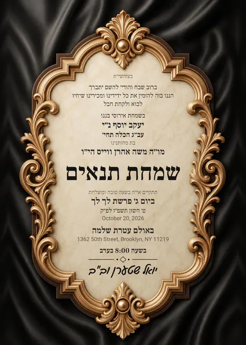 Carved Cartouche · Black — tenoyim invitation in Lashon Kodesh, photo backdrop, black and gold
