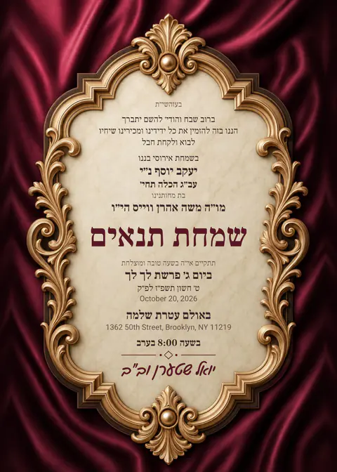 Carved Cartouche · Burgundy — tenoyim invitation in Lashon Kodesh, photo backdrop, burgundy