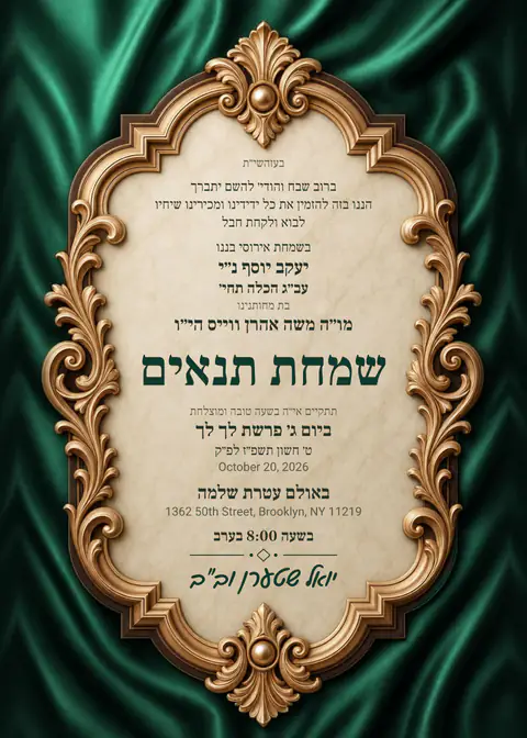 Carved Cartouche · Emerald — tenoyim invitation in Lashon Kodesh, photo backdrop, green