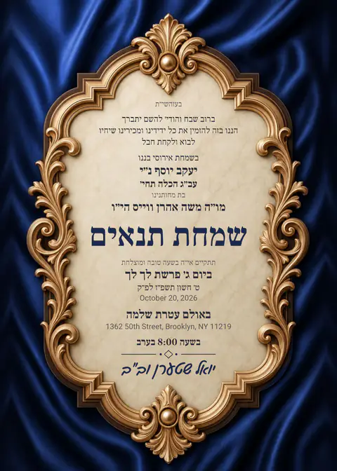 Carved Cartouche · Navy — tenoyim invitation in Lashon Kodesh, photo backdrop, navy
