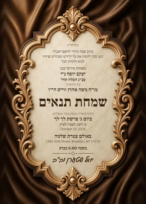 Carved Cartouche — tenoyim invitation in Lashon Kodesh, photo backdrop, gold