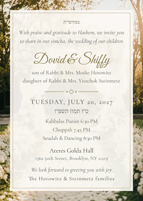 Garden Chuppah — chasunah invitation in English, photo backdrop, gold and green