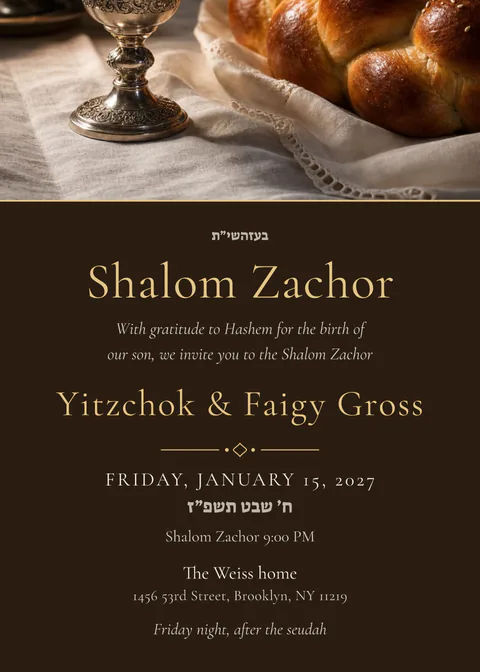 Shalom Zachor — shulem zucher invitation in English, photo backdrop, gold