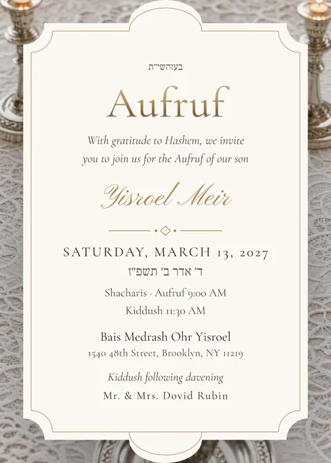 Lace & Candles — bavarfen invitation in English, photo backdrop, gold and charcoal