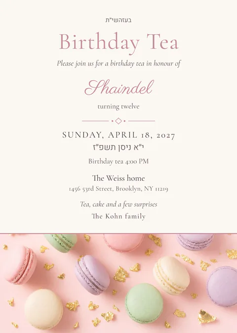 Macarons — birthday invitation in English, photo backdrop, blush