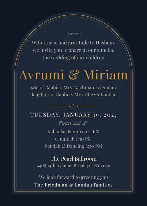 Midnight Letterpress — chasunah invitation in English, navy and gold