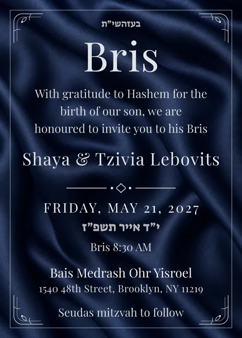Navy Silk — bris invitation in English, photo backdrop, ivory and navy