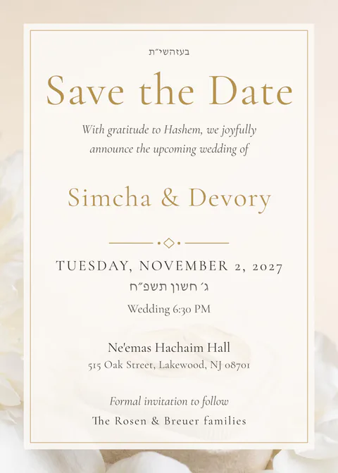 Rings on Velvet — save-the-date invitation in English, photo backdrop, gold