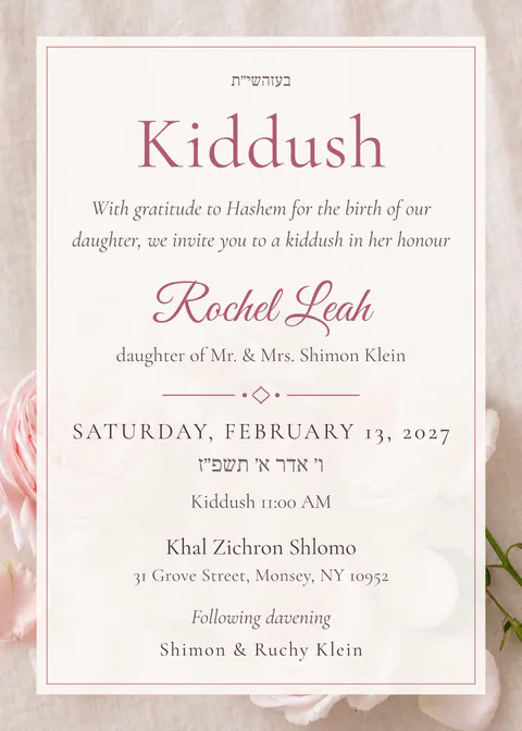 Rosé & Ribbon — kiddush invitation in English, photo backdrop, blush