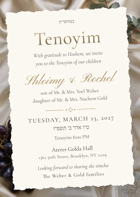 Grapes on Satin — tenoyim invitation in English, photo backdrop, gold