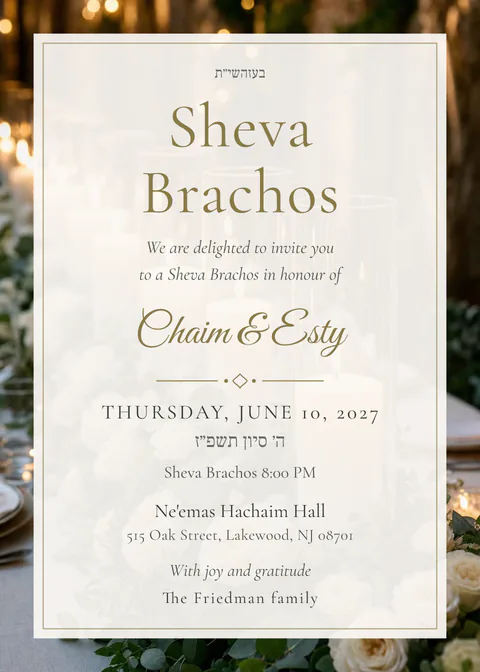Candlelit Table — sheva brachos invitation in English, photo backdrop, gold and charcoal