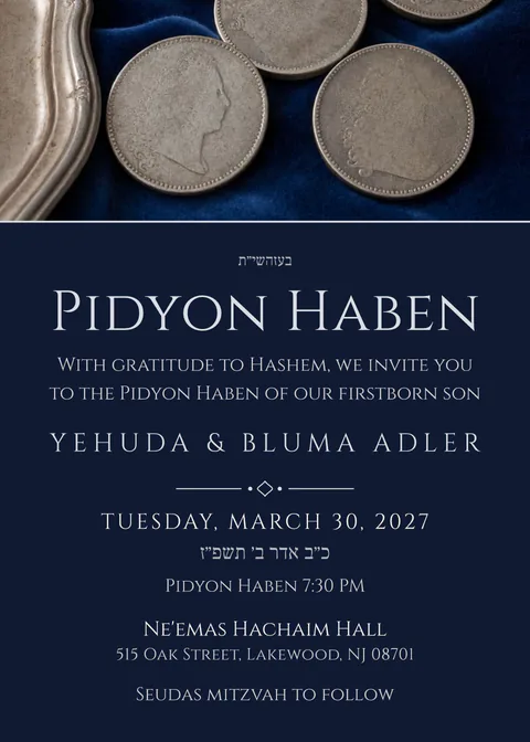 Five Silver Coins — pidyon haben invitation in English, photo backdrop, ivory and navy