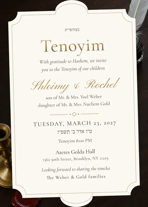 Quill & Wax — tenoyim invitation in English, photo backdrop, gold